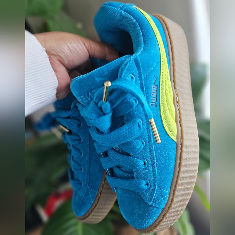 Puma Women’s Suede Platform Sneaker in Teal with Lime Accent